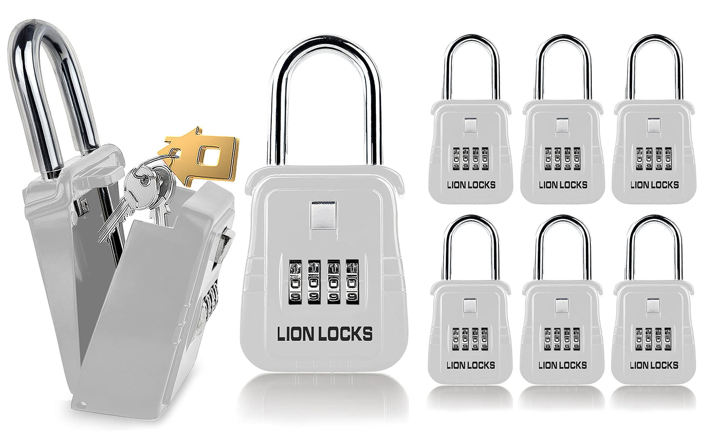 Lion Locks 1500 Key Lock Box with Code, Lockbox for Keys Outdoor, Realtor Lock Box for Short-Term Rentals, Holds 5 Keys (6 Pack, White)