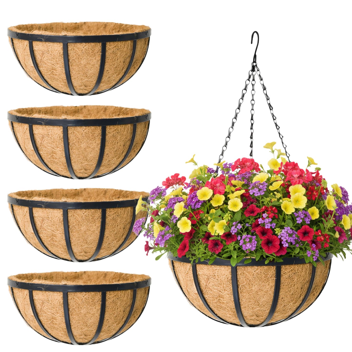 KIDYBELL 4 Pack 14 Inch Round Hanging Basket with Coco Liners， Metal Hanging Baskets for Plants Outdoor， Hanging Planter with Chain Garden Products for Outdoor, Porch, Lawn, Garden