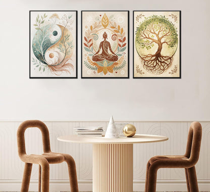 3 Pcs Tree of Life Canvas Wall Art Lotus Zen Painting Pictures Wall Decor Yin Yang Taichi Spiritual Prints Posters for Living Room Yoga Room Hotel Bedroom Home Decor 12x16in Unframed