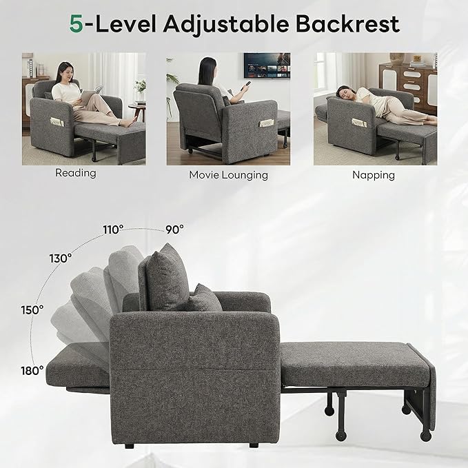 Iroomy 5-Level Adjustable Convertible Sleeper Chair, 3-in-1 Pull Out Sofa Bed