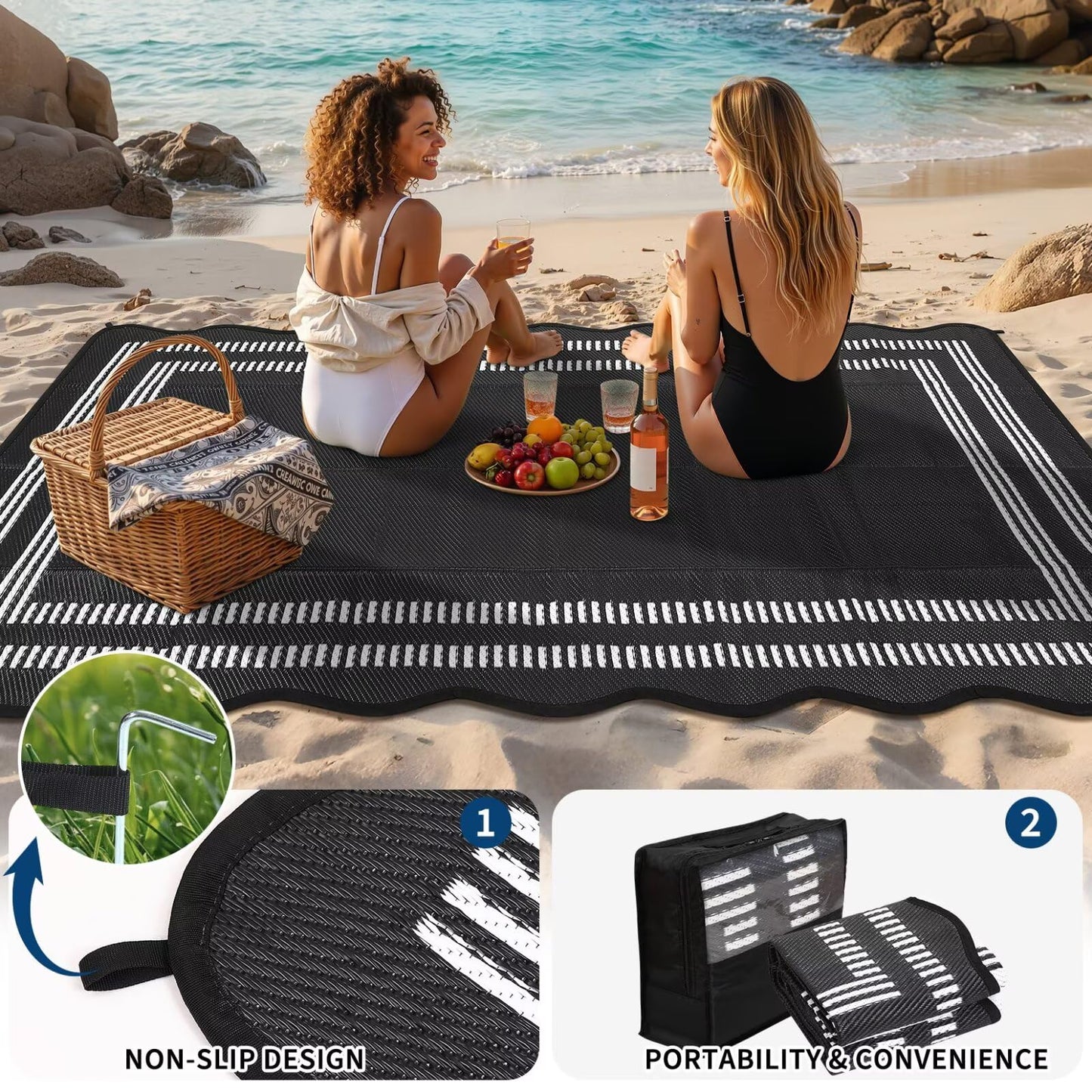 Garvee Waterproof Outdoor Rug 9x18, Scalloped Geometric Foldable Plastic Straw Patio Camping Rug, Outdoor RV Carpet for Deck Camper Porch Balcony Backyard Picnic Beach Black and White