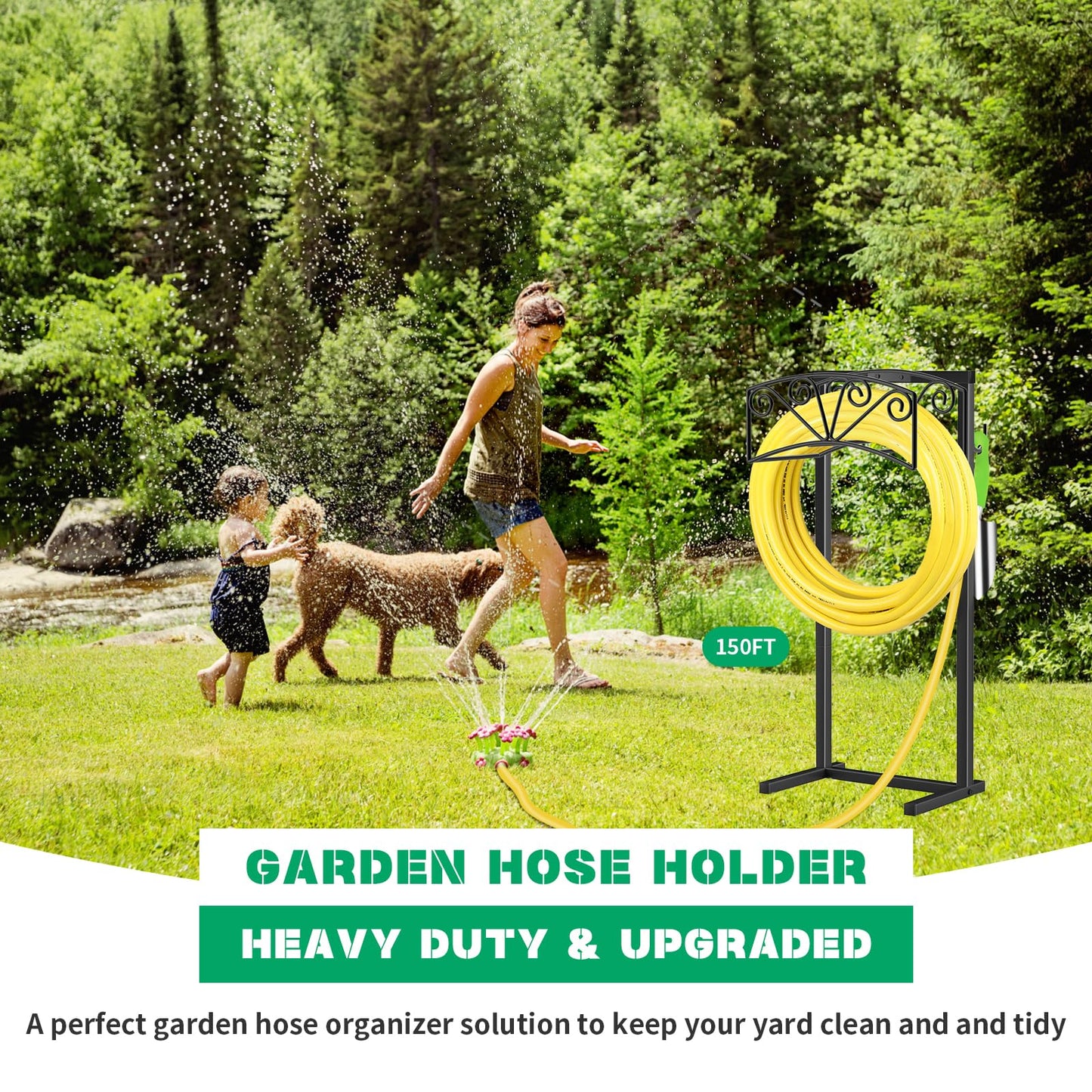 TomCare Garden Hose Holder Upgraded Heavy Duty Metal Water Hose Holder Holds 160 FT Hoses Sturdy Hose Reel with 2 Tool Hooks Freestanding Outdoor Hoses Storage Hanger for Outside Yard Lawn, Black