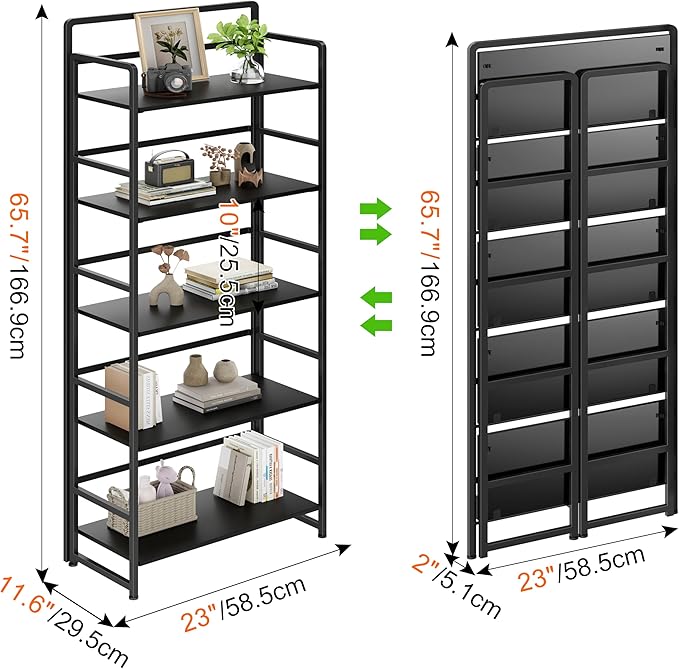 No Assembly Folding Bookshelf, 5 Tiers Collapsible Book Shelf