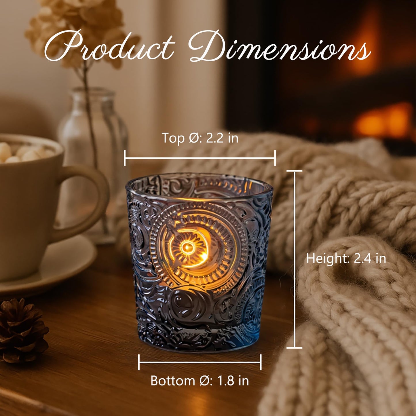 6 Pack Sun Moon Star Embossed Glass Tea Light Candle Holders - Votive Candle Holders for Wedding, Party, Home Decor, and Table Centerpieces (Gray)