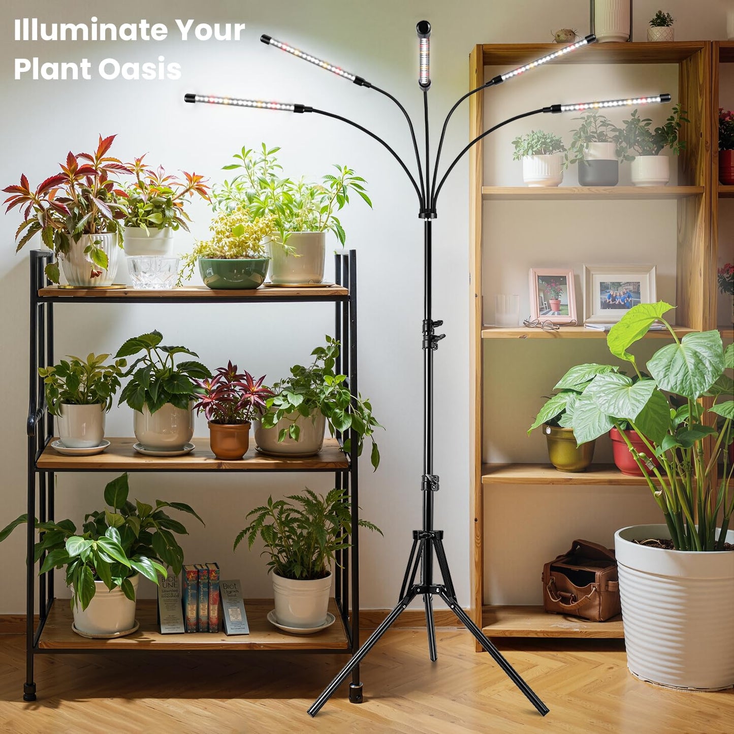 Garpsen Grow Lights for Indoor Plants, 5 Heads Full Spectrum Grow Light with Adjustable Tripod Stand, 100PCS LEDs Plant Light for Indoor Plants with 6/12/16H Timer and 3 Light Modes(No Clip)