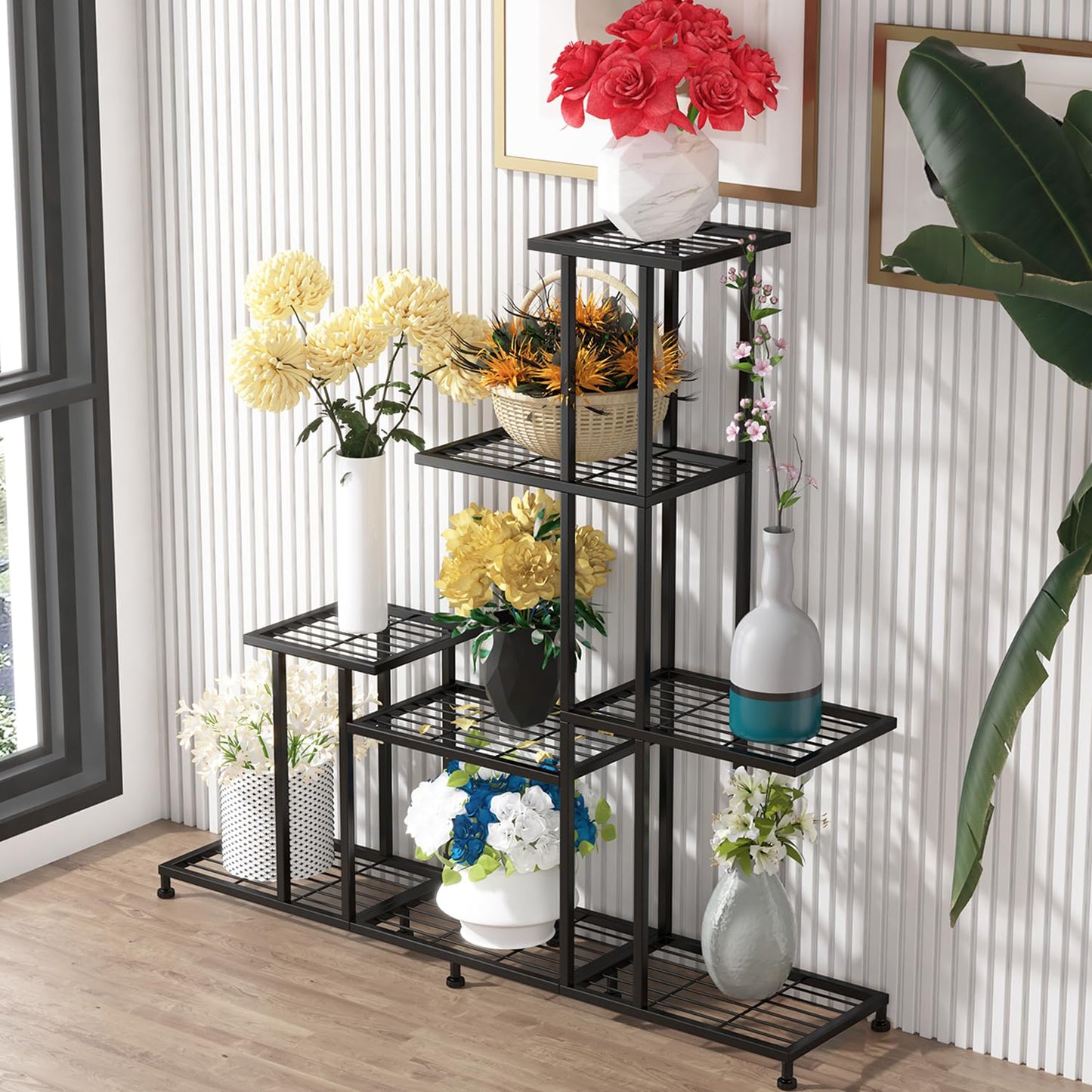 Twhep Heavy Duty Metal Plant Stand, 5 Tiers Multifunctional Plant Stand for Indoor Outdoor, for Tall Large Rack for Living Room Garden Balcony, Black