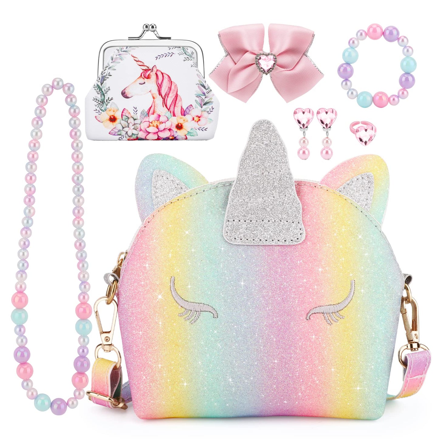 JYPS monedero unicornio para niñas, 7 monederos lindos para niños, bolsos cruzados con juego de joyas para niños, regalos de cumpleaños, juguetes de unicornio.