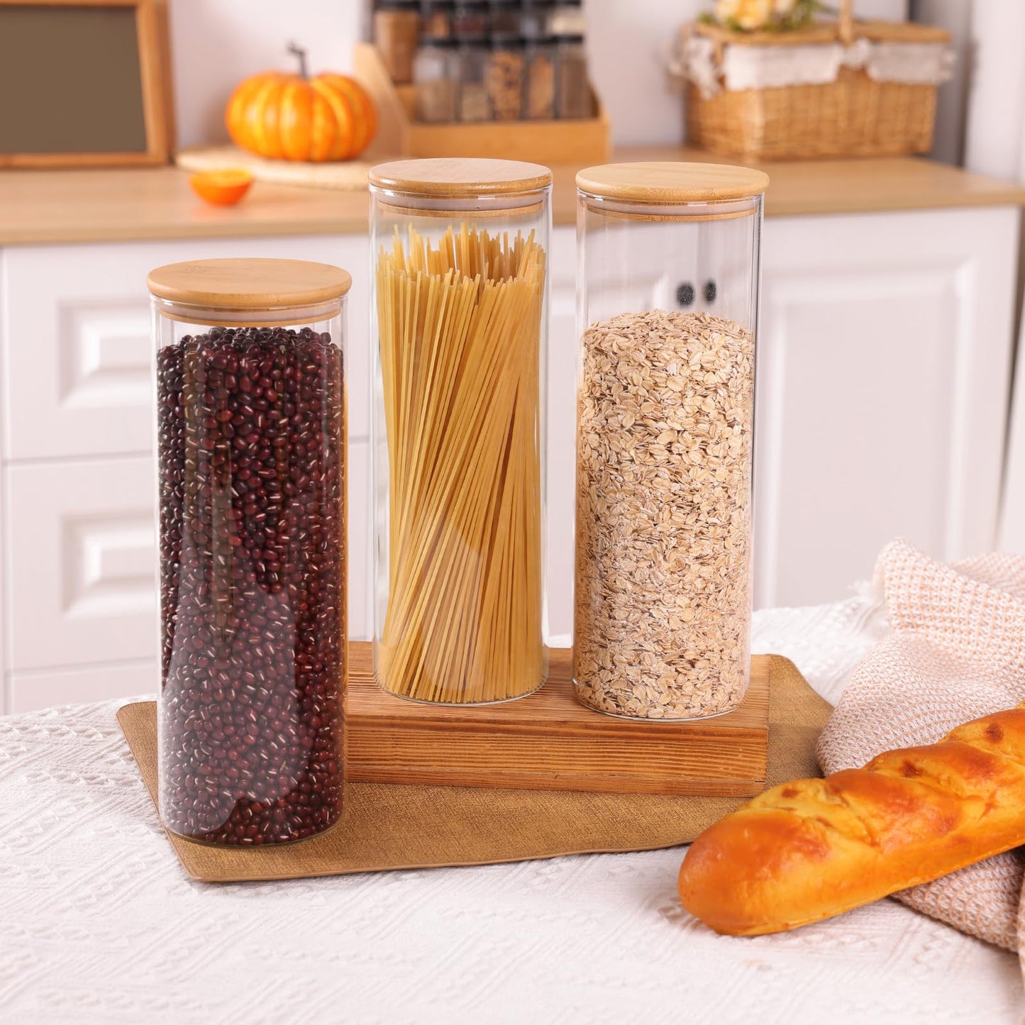 Moretoes 3 Pack 2qt Glass Storage Containers with Bamboo Press Lids, Large Airtight Food Storage Jars for Pantry, Flour, Sugar, Dry Goods
