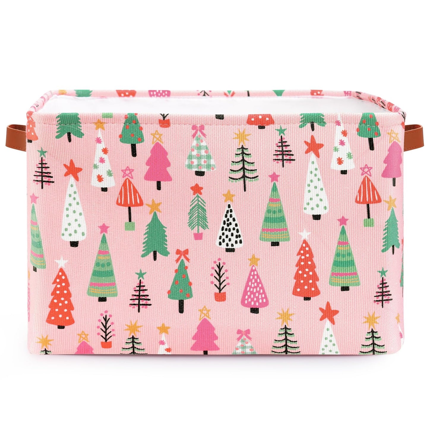 FYSUIMU Christmas Storage Basket with Handles Xmas Tree Pink Cube Storage Bin Foldable Fabric Container Organizer Box for Home Office Dorm Closet Shelf Toy