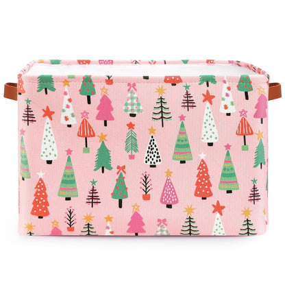 FYSUIMU Christmas Storage Basket with Handles Xmas Tree Pink Cube Storage Bin Foldable Fabric Container Organizer Box for Home Office Dorm Closet Shelf Toy