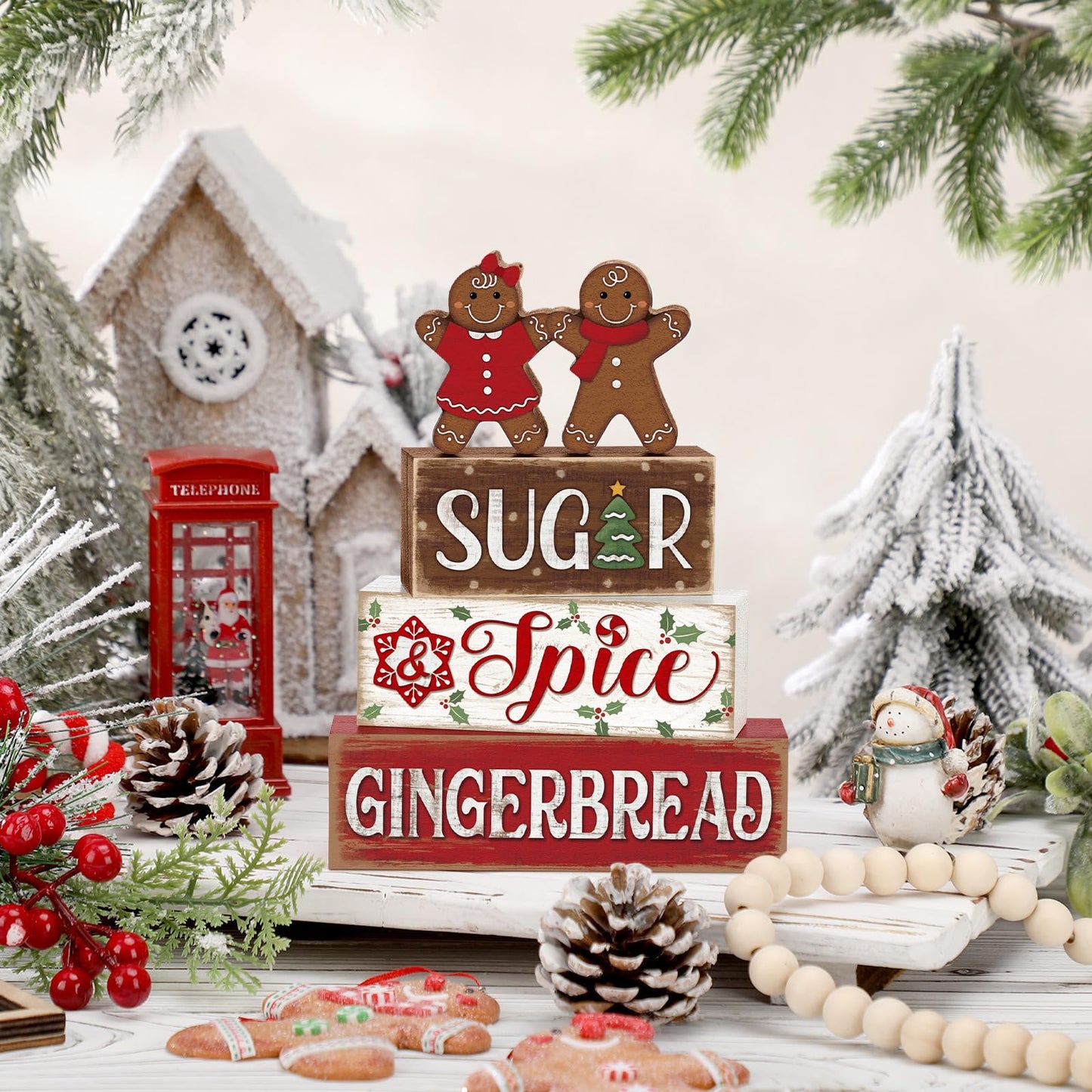 Marsui 4 Pcs Christmas Gingerbread Table Decorations Gingerbread Man Wooden Sign Blocks Rustic Xmas Tiered Tray Decor Farmhouse Holiday Christmas Decorations for Home Indoor Office Desk Mantle Shelf