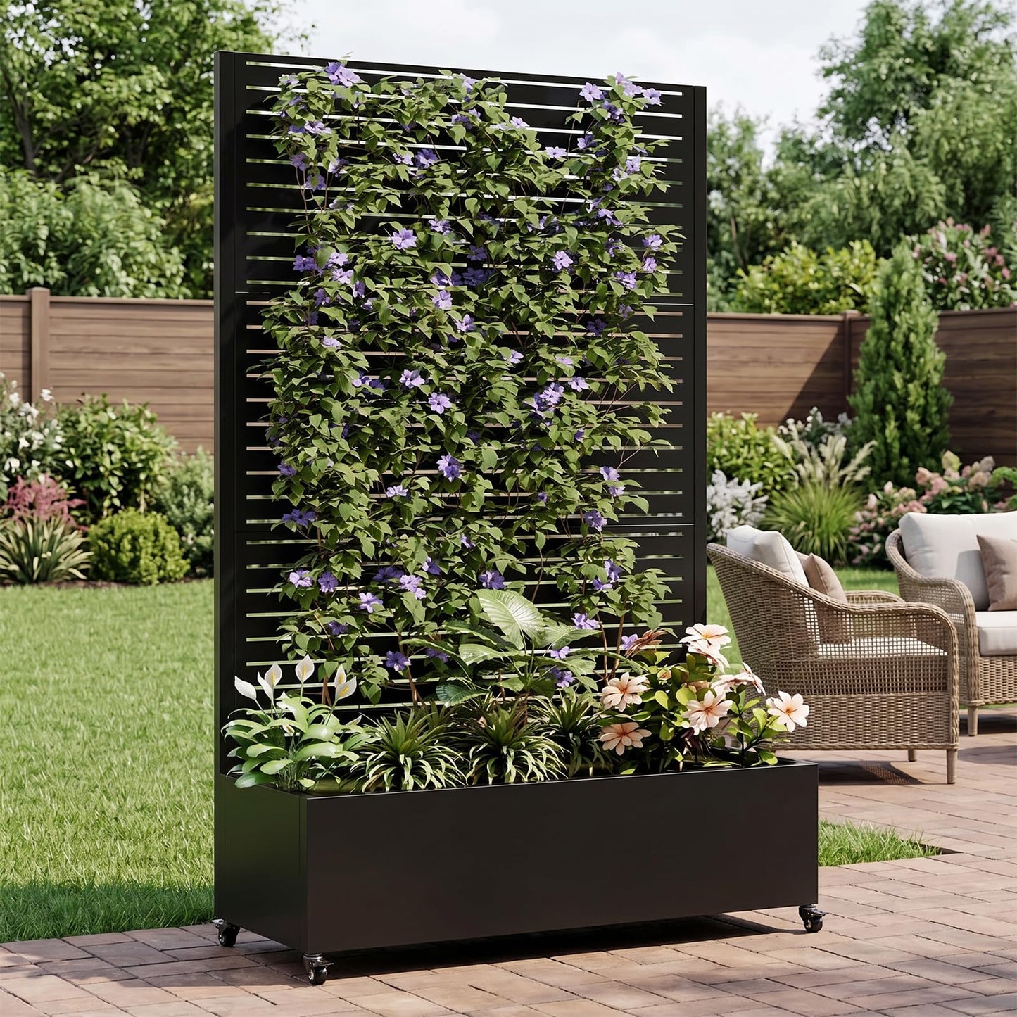 Metal Planter Box with Trellis and Wheels, 73"x47"x16" Galvanized Steel Raised Garden Bed with Drainage Holes, Outdoor Planter with Privacy Screen Function for Climbing Plants and Vines