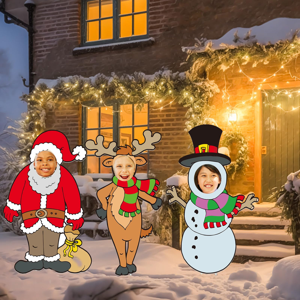 Soaoo 3 Pcs 36" Christmas Yard Sign Snowman Santa Claus Reindeer Photo Props Xmas Outdoor Decorations Large with Stakes Holiday Face Photo Cutout Decorations for Yard Lawn Garden Xmas Gifts