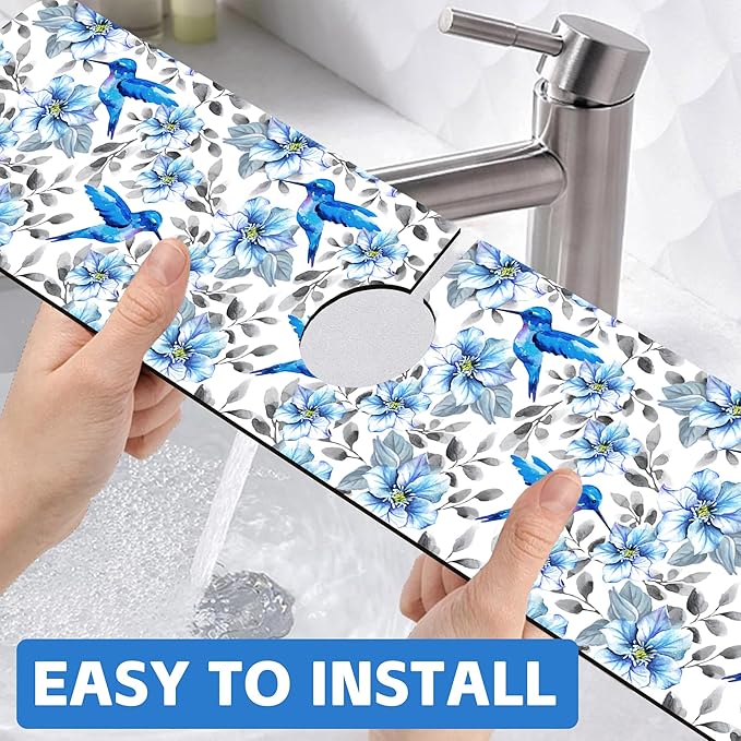 Kitchen Sink Splash Guard Faucet Mat Blue Floral and Hummingbird Absorbent Fast