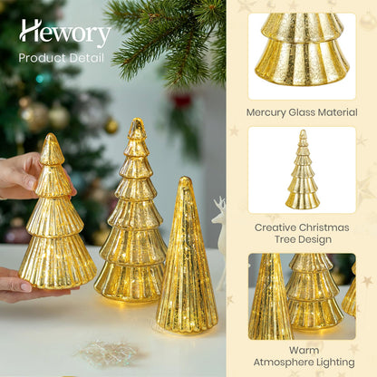 Hewory Mercury Glass Christmas Tree: Set of 3 Gold Table Top Christmas Ornaments Trees with LED Lights, Christmas Centerpiece Table Decorations Indoor for Dining Fireplace Mantel Winter Holiday Decor