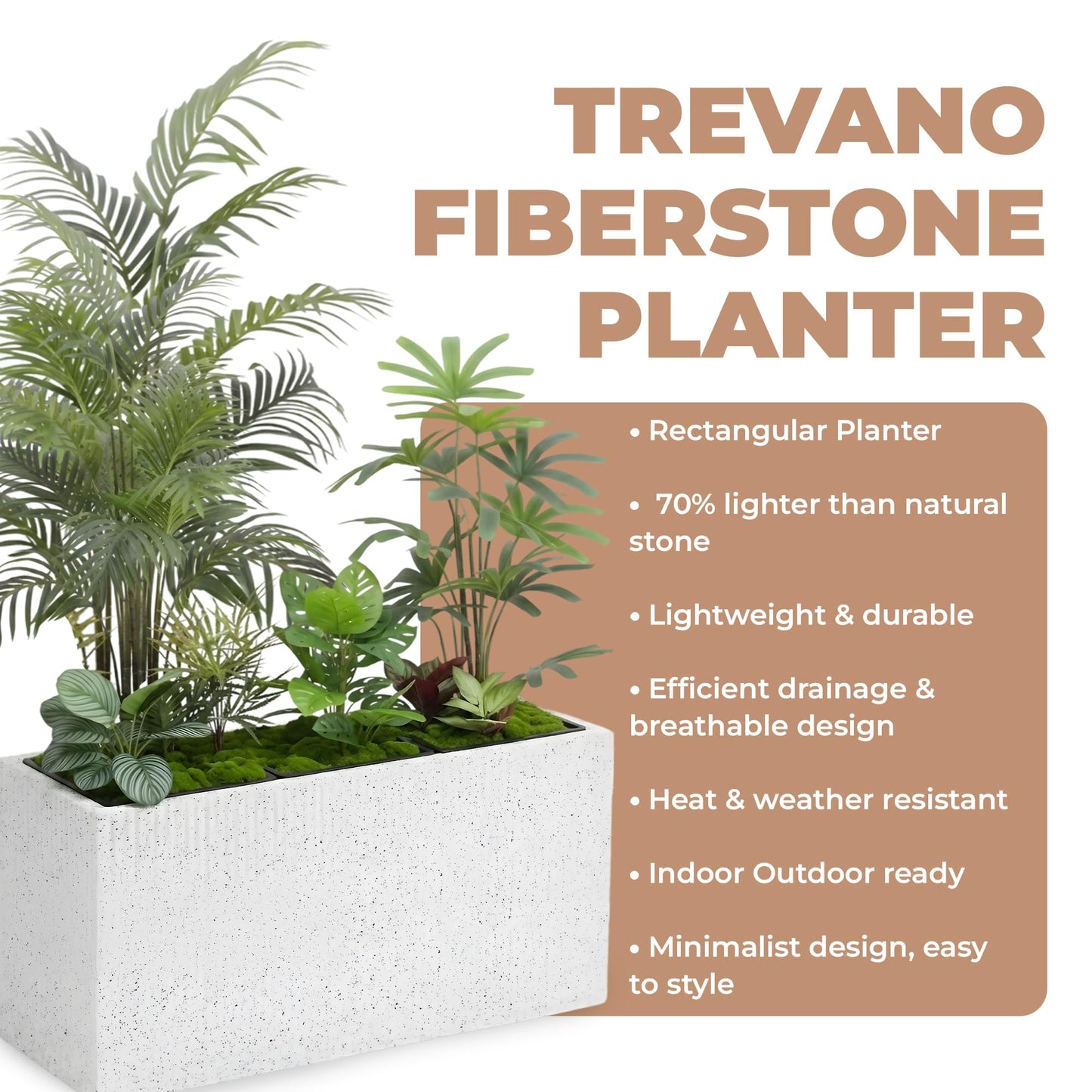 DEPLA LANE Trevano Fiberstone Rectangular Planter (26" L x 9.8" W x 15.7" H) Ribbed Finish, Removable Inner Pots, Lightweight, Durable, UV Resistant, Modern Indoor Outdoor Plant Pot (M, Ribbed White)