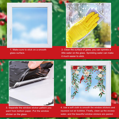 Whaline 9 Sheets Christmas Floral Window Cling Stickers Hanging Poinsettia Flowers Eucalyptus Leaves Reusable Window Decals for Xmas Winter Party Home Office Classroom Decoration