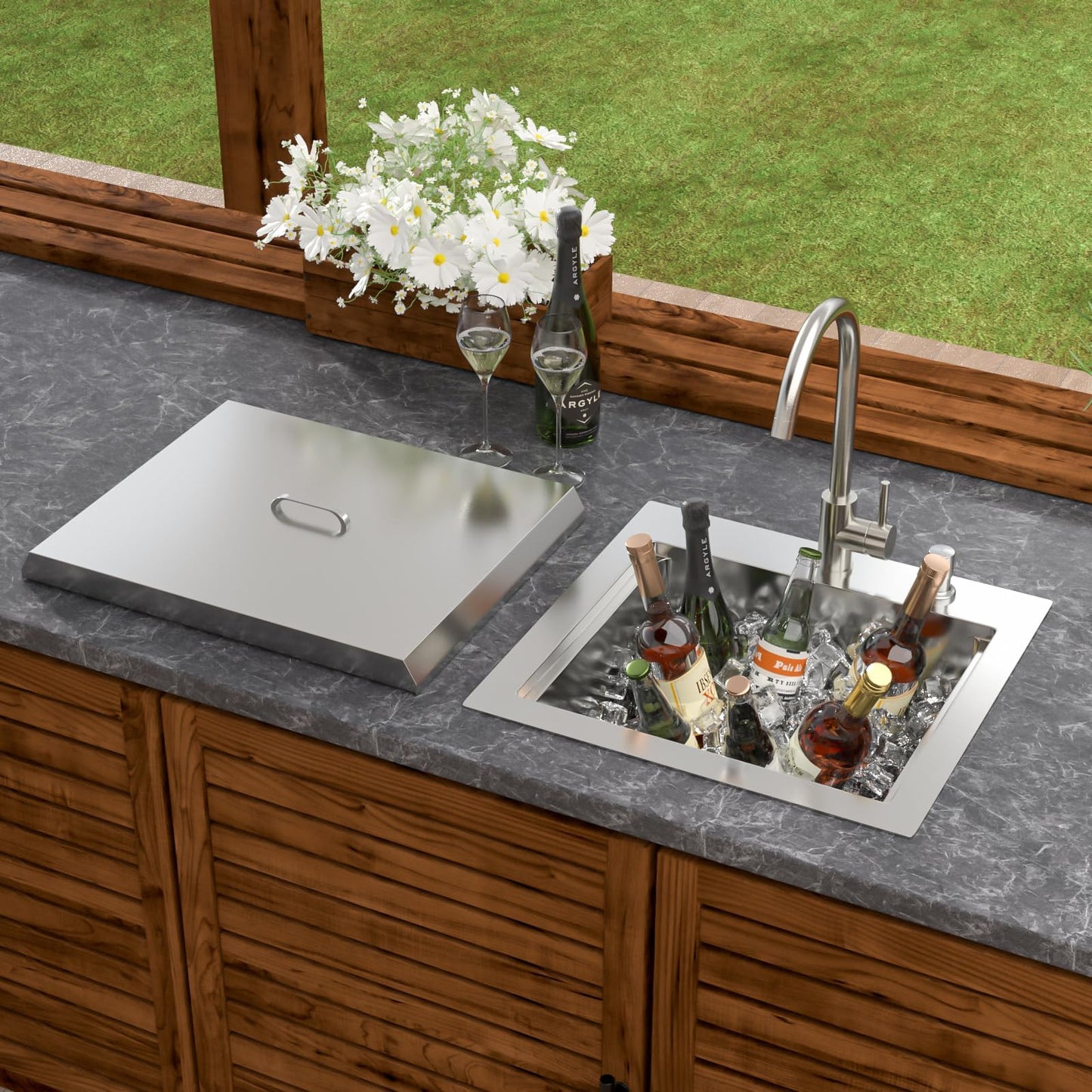 Dcolora 20 In. Outdoor Kitchen Sink, Drop In Workstation Bar Sink for Patio, RV and Utility Use, Single Bowl 304 Stainless Steel with Faucet and Dust Lid, 20"x19"x9" #DC-SFDOE00160