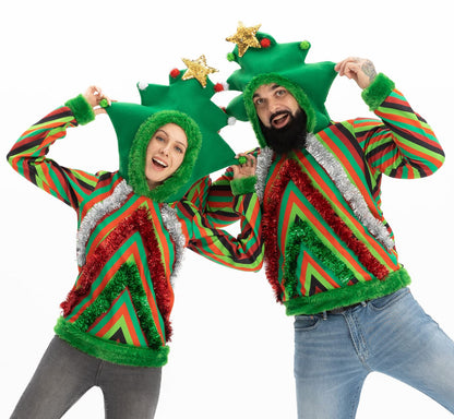 Women Ugly Christmas Hoodie for Adult Men`s Unisex Xmas Hooded Sweater Pullover for Party Festive Tinsel Rocks Medium