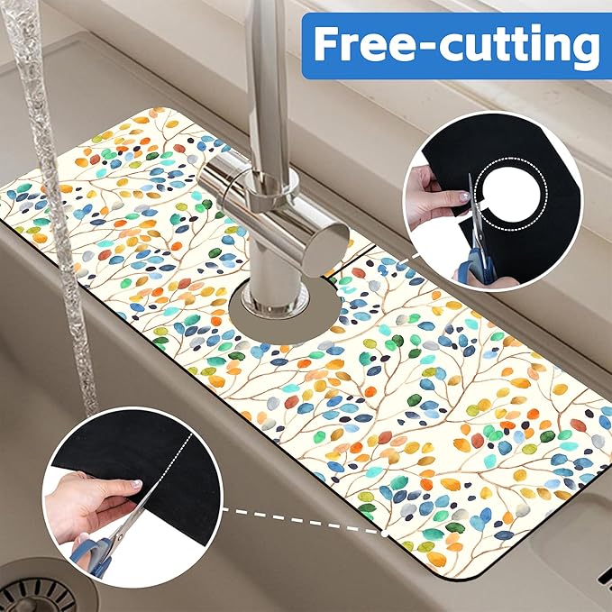 Abstract Watercolor Leaves Sink Faucet Absorbing Mat Sink Splash Guard Faucet