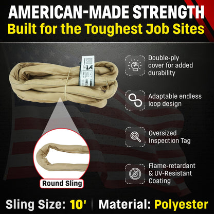 Chenango Supply VR4 10 Foot Endless Round Lifting Sling – USA Made Polyester, 10,600 lb Vertical, 8,500 lb Choker, 21,200 lb Basket – Double-Ply Cover, Tan Poly Round Rigging Sling (10 FT)