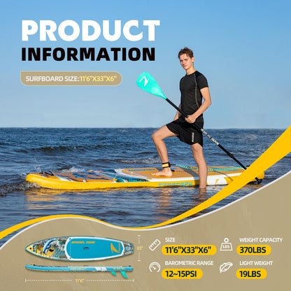TIDETREK 11'/11'6" x 33"/34" x 6" Inflatable SUP Paddle Board – Extra-Wide, Stable Stand Up Paddle Board with Premium Full Accessory Set for Adults & Youth (Sunny Wave/Kayak Seat, 11'6"x33"x6")