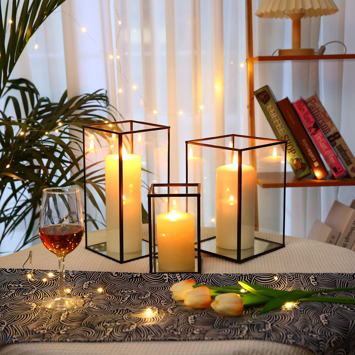 Phosphor Large Glass Hurricane Candle Holder Set of 3 PCS Black Glass Candle Holder for Thankgiving Wedding Party Holiday