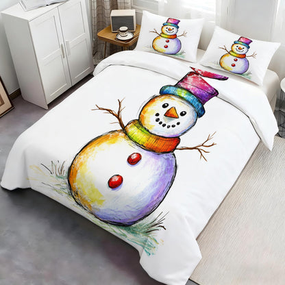 Snowman Duvet Cover Twin Size, Painted Snowman Comforter Cover Christmas Bedding Set 3 Piece with 2 Pillow Sham with Zipper Closure 68" x86"