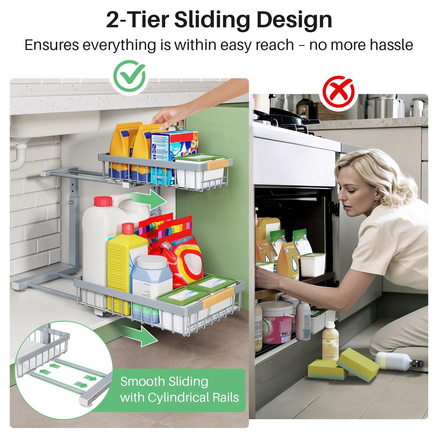Under Sink Organizer, 2 Packs 2 Tier Under Sink Organizers and Storage, Slide out Pull out Cabinet Organizer Shelf, Metal Sliding Drawer for Kitchen Bathroom Pantry Cabinet Closet Organization Rack