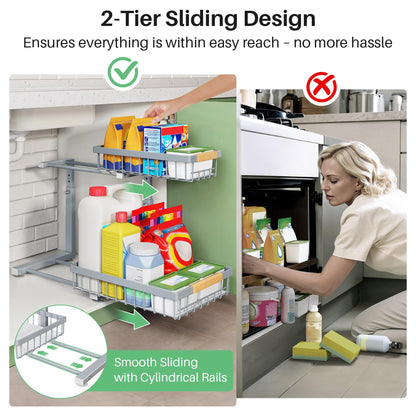Under Sink Organizer, 2 Packs 2 Tier Under Sink Organizers and Storage, Slide out Pull out Cabinet Organizer Shelf, Metal Sliding Drawer for Kitchen Bathroom Pantry Cabinet Closet Organization Rack