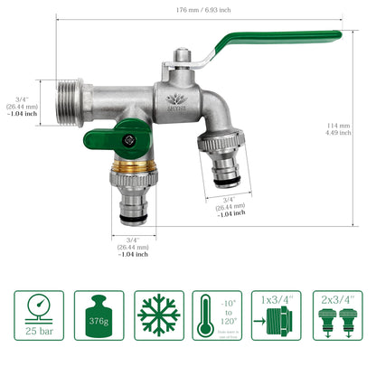 SHYNE Premium 3/4'' BSP (1.04 Inch) Brass Double Water Tap - Rust and Frost Resistant + 2X Hose Connectors + E-Book | for Garden, Washing Machine, Rain Barrel