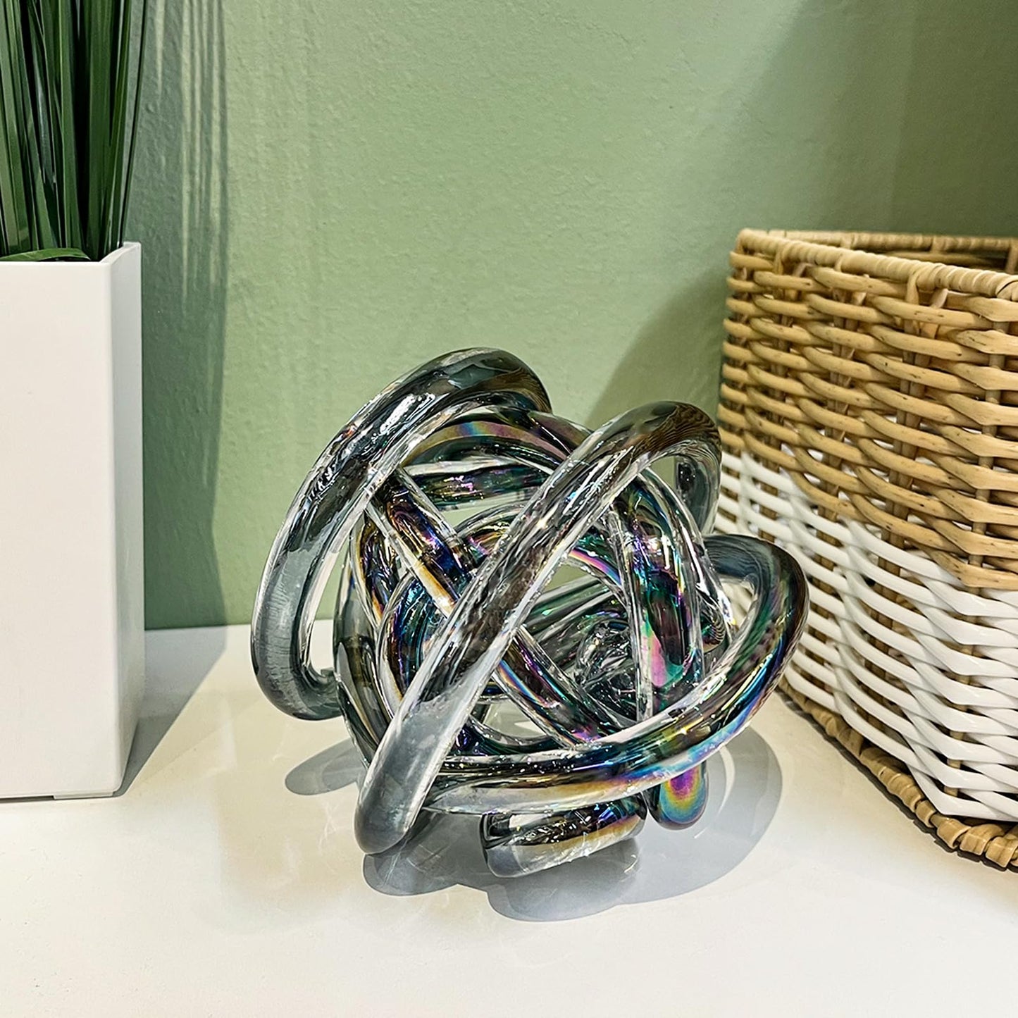 ORRFIDDY Glass Knot Teal Decor Ball - 5 Inch Hand Blown Infinity Sculpture Orbit Home Decor Table Decoration Interio Art