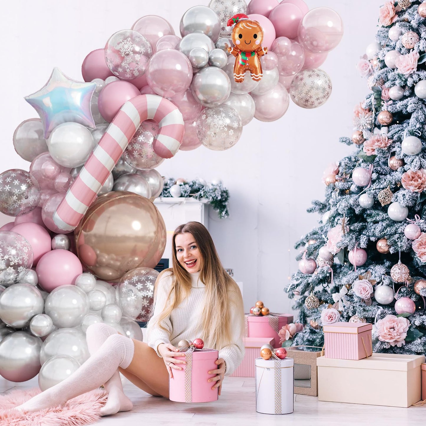 Pink Christmas Decorations Arch Kit, 120 PCS Xmas Balloons with 4D Rose Gold Candy Cane Iridescent Snowflakes, Pastel Pearl Pink Silver Balloons for Gingerbread Decor