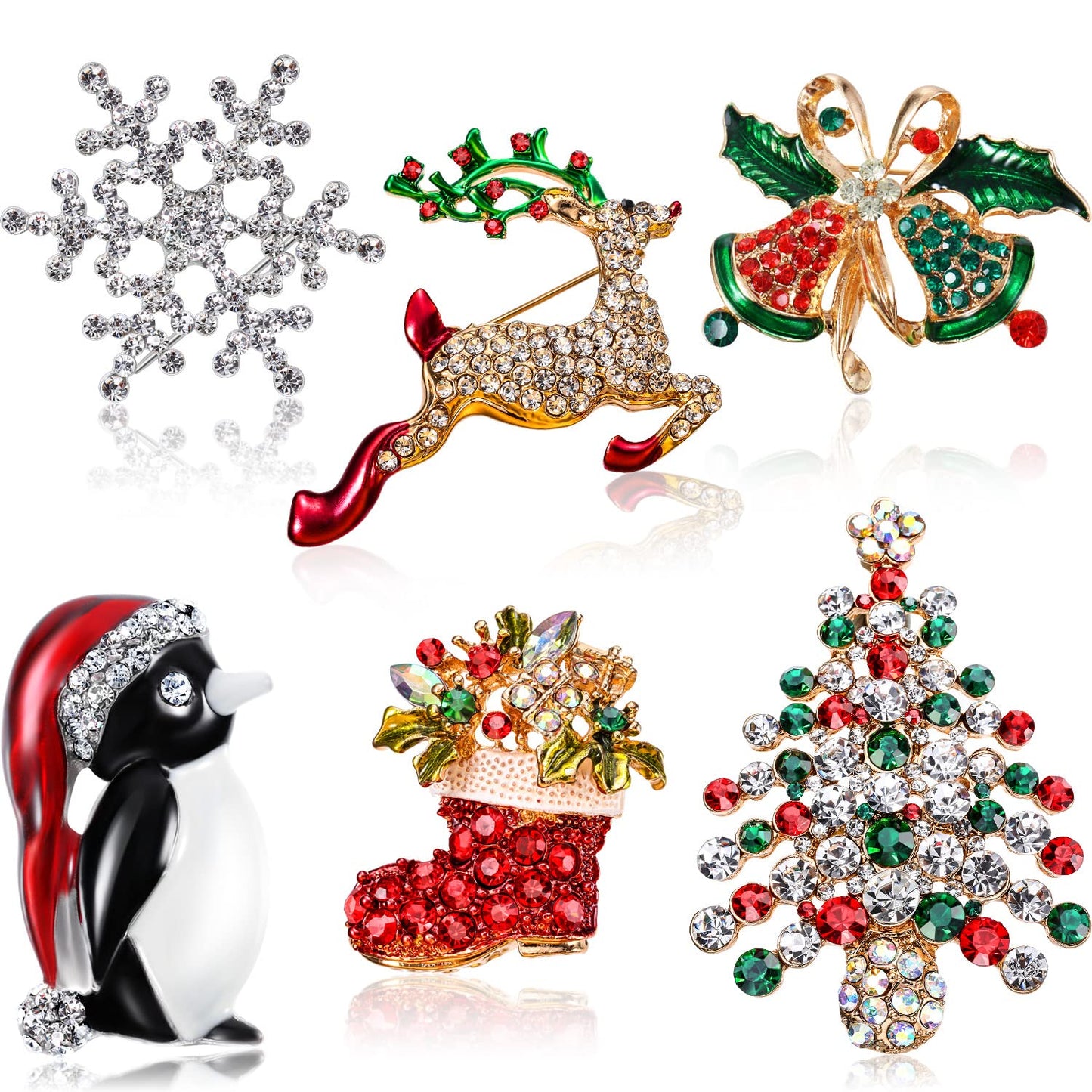 6 Pieces Rhinestone Crystal Christmas Brooch, Fashion Elegant Christmas Brooch Pins for Xmas Holiday Party Celebration, Snowflake, Penguin, Bell Bow Knot, Reindeer, Boots and Christmas Tree