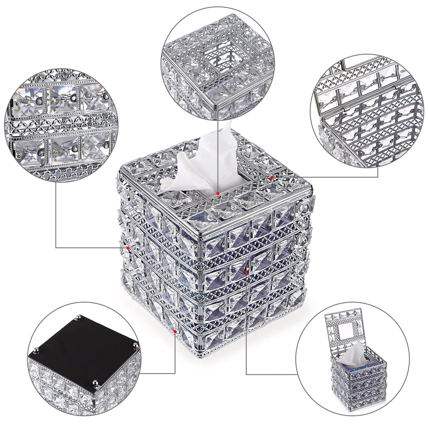 Sumnacon Crystal Square Tissue Box Cover - Sparkling Cube Glass Tissue Box Holder, Decorative Facial Tissue Holder for Bedroom Bathroom Dresser Night Stand Table Countertop Home Decor, Silver