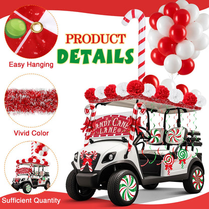 Soulchen 100 Pcs Christmas Golf Cart Decorations Xmas Candy Canes Lollipop PVC Decor Inflatable Red Tinsel Garlands Banner Red Hanging Swirls Tissue Paper Pompoms for Golf Cart Party Supplies Decor