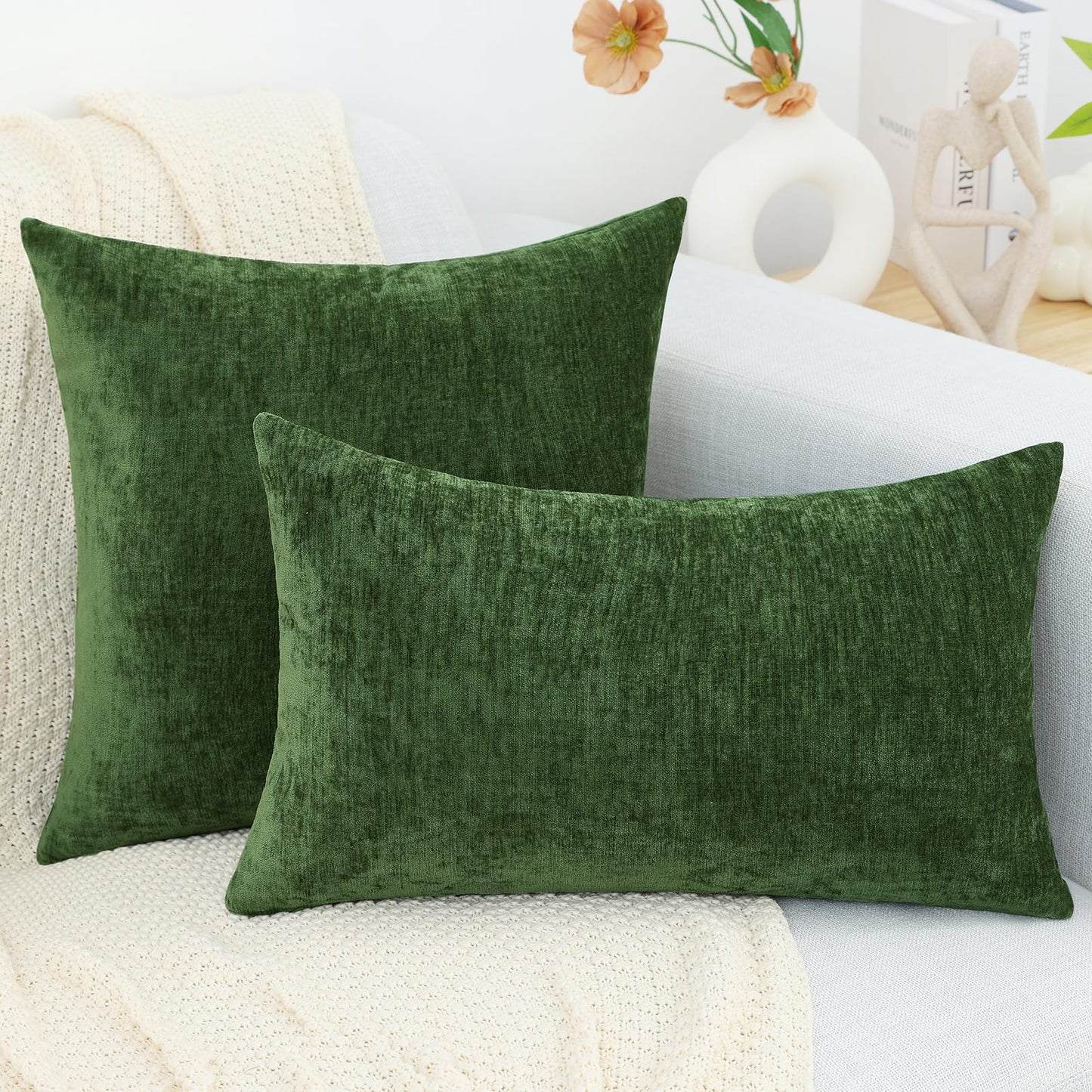 decorUhome Chenille Moss Green Christmas Throw Pillow Covers 18x18 Inch Set of 2, Decorative Soft Couch Pillow Covers Solid Dyed Accent Farmhouse Neutral Square Pillow Cases for Sofa