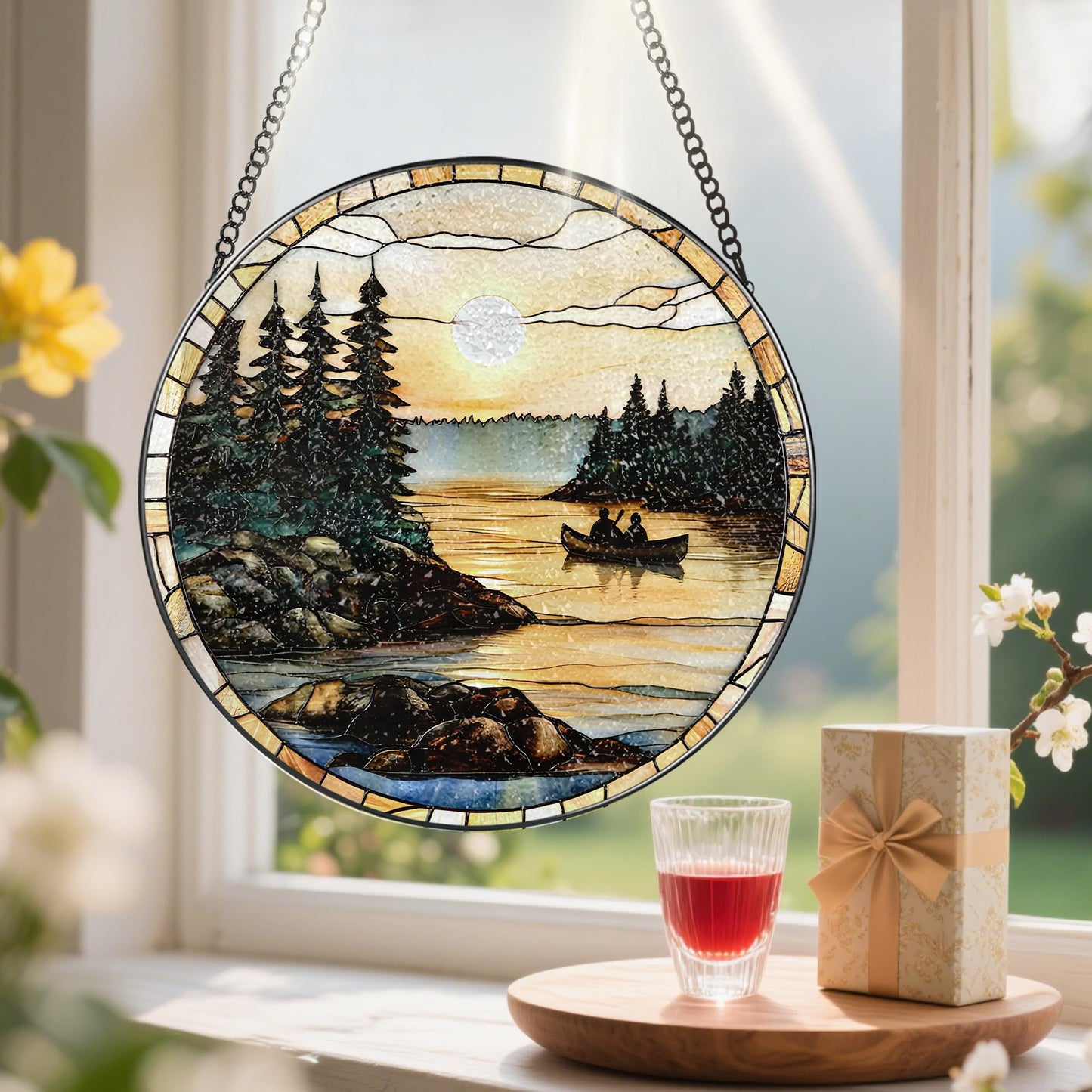 8-Inch Stained Glass Ornament, Stained Glass Window Hanging, Window Hanging Decor Suncatcher, Canoe Lake Sunset Ornament | Christmas, Mother’s Day, Birthday | Gifts for Nature Lovers, Mom & Friend
