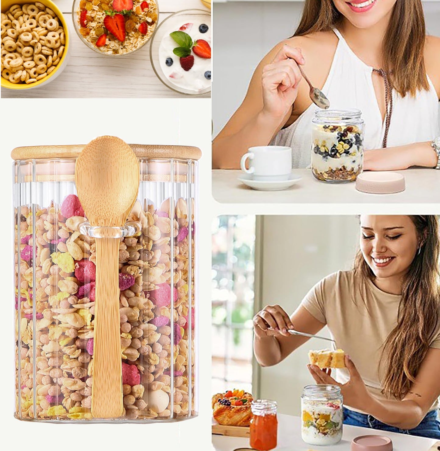 Glass Jar Sugar Container with Bamboo Spoons Lids 16 oz Sugar Bowl Coffee Bar Food Storage Jar Cereal Nuts Salts Coffee Tea Flour Sugar Container Spice（2Pack）