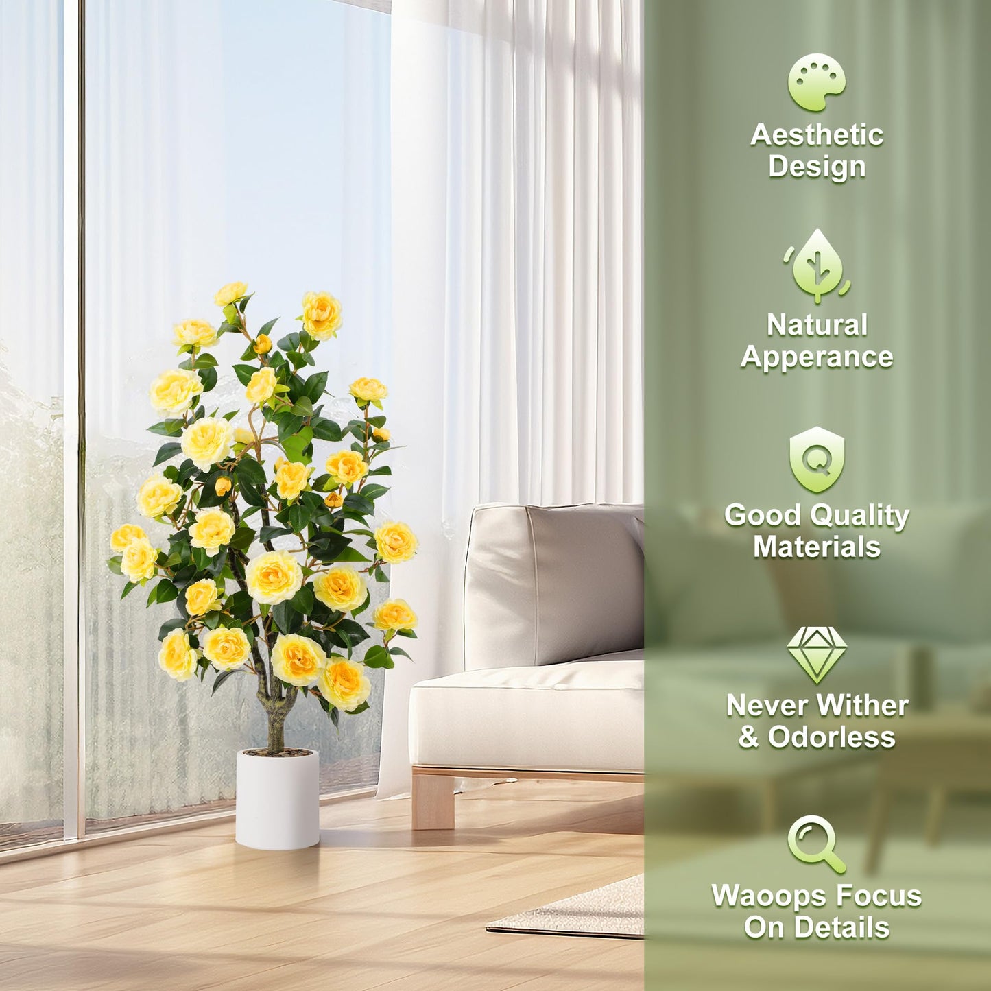 3.6FT Artificial Camellia Fake Tree Faux Plants for Home Office Living Room Porch Patio Decor Indoor Outdoor (2, Yellow-3.6Ft)