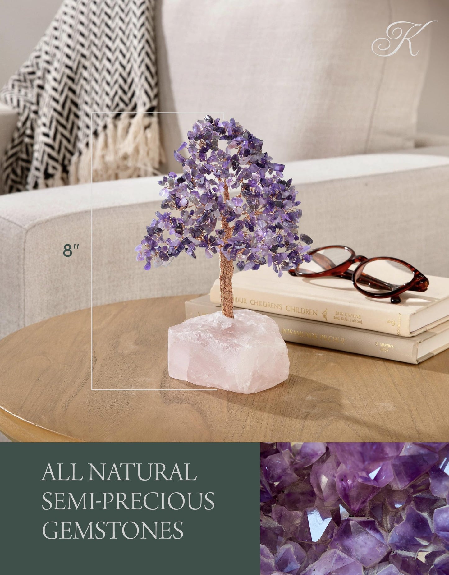 KALIFANO Premium Natural Amethyst (414 Gemstone Count) Chakra Crystal Tree with Rose Quartz Base with Healing Properties - Bonsai Feng Shui Money Tree for Positive Energy, Luck and Wealth