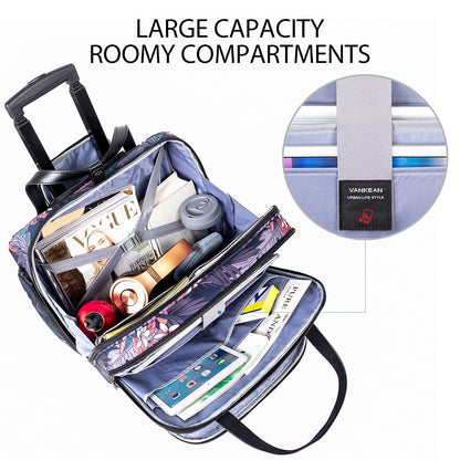 VANKEAN Rolling Laptop Case for Women, Premium Rolling Travel Luggage Bag Fits Up to 15.6 Inch Laptop Carry on Briefcase Water-Proof Overnight Rolling Computer Bags with RFID Pockets