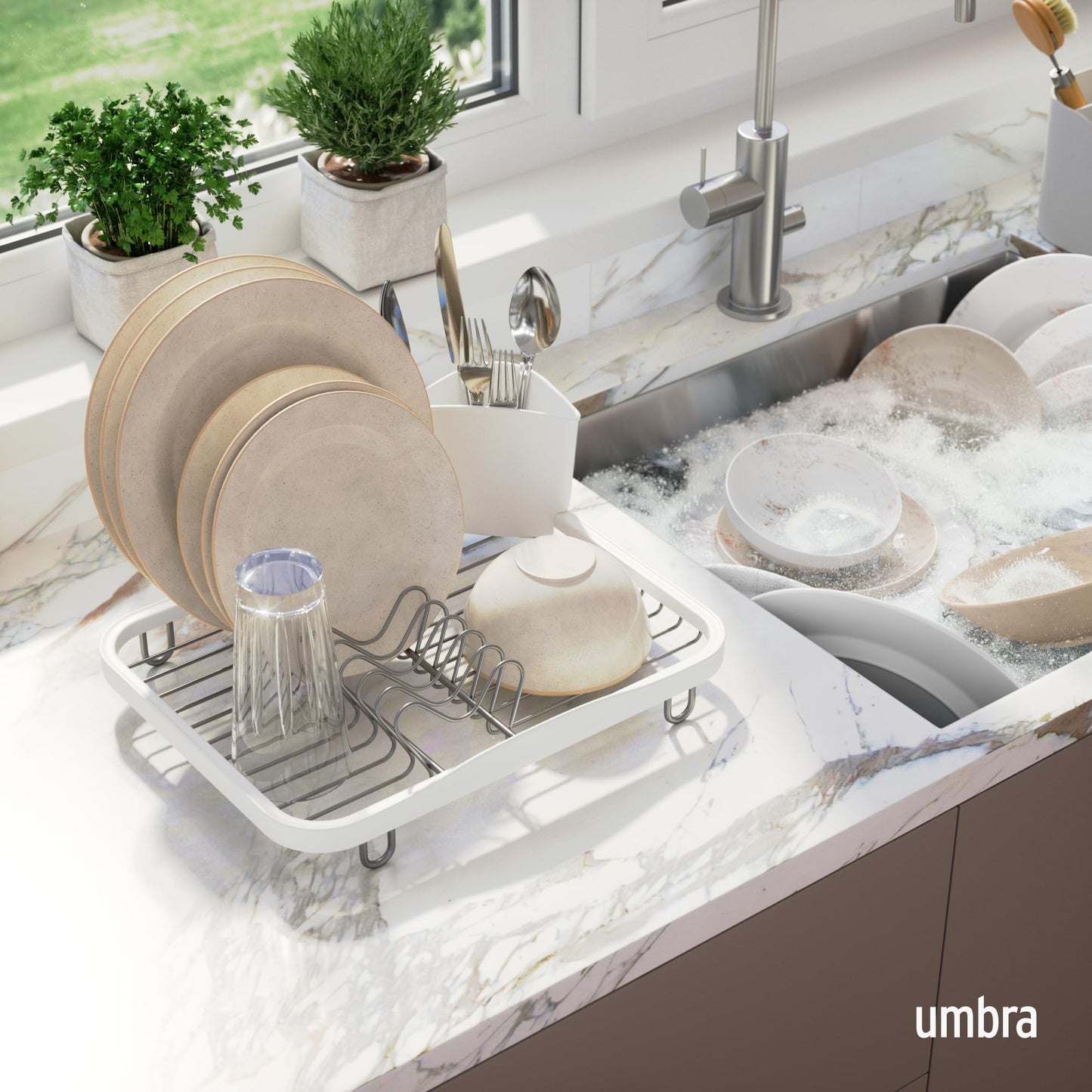 Umbra Sinkin Drying Rack – Dish Drainer Caddy with Removable Cutlery Holder Fits in Sink or on Counter top, Medium, White/Nickel Kitchen