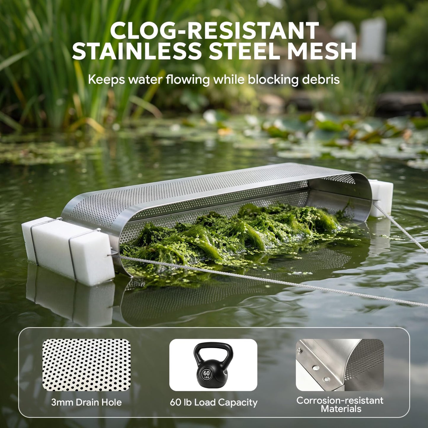 Godgetory Pond & Lake Skimmer Tool, Floating & Submerged Debris Remover, 40LB Heavy-Duty Stainless Steel Mesh, Wide-Mouth Collection, Shore or Boat Operated Drag System with Ropes