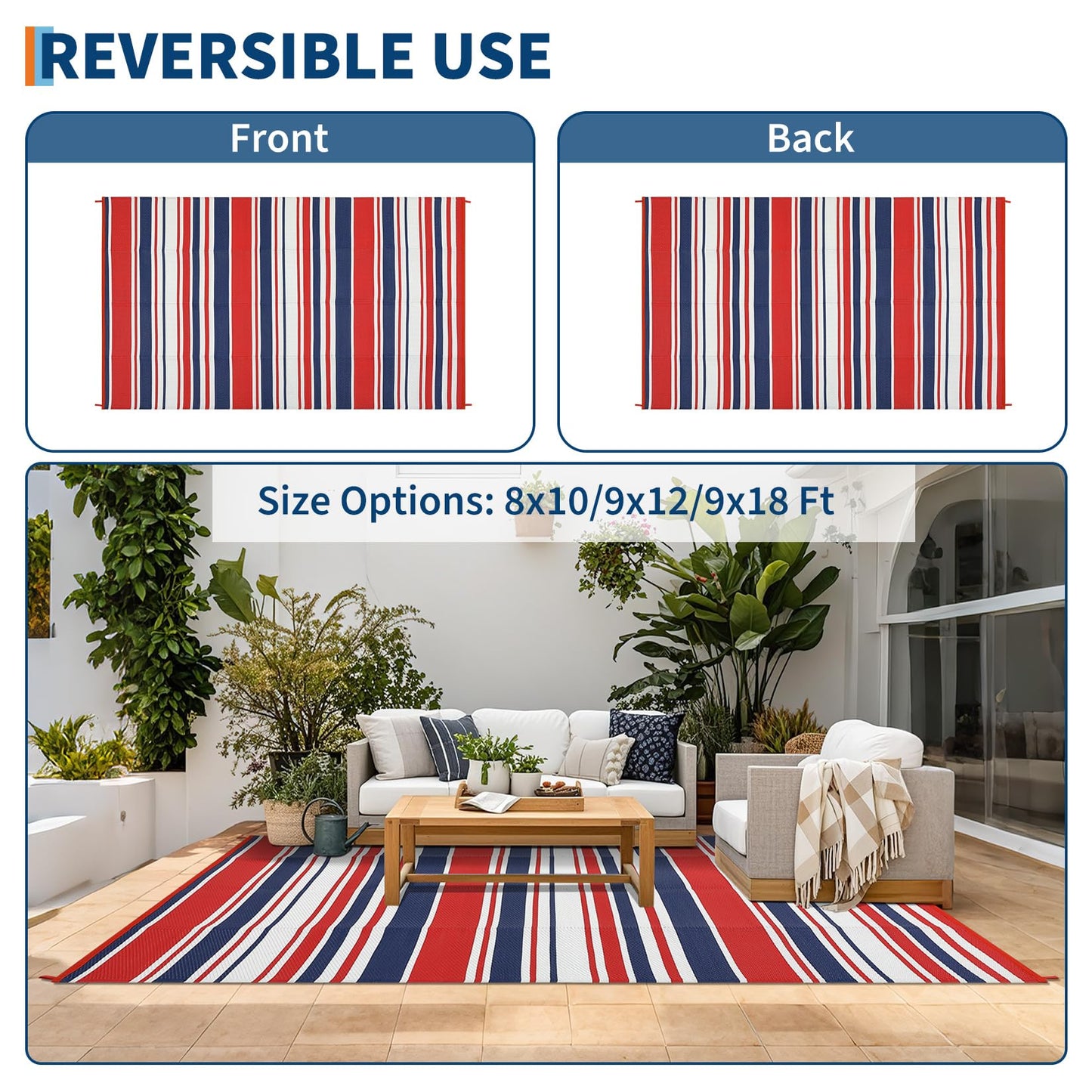 IDEALHOUSE Outdoor Rug 9x18 Ft, Waterproof Plastic Reversible Rug, Modern Camping Mat for Outdoors, RV, Patio, Backyard, Deck, Picnic, Beach, Trailer(Red & Navy & White)