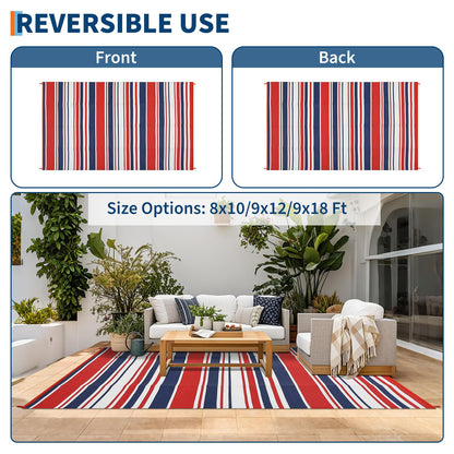IDEALHOUSE Outdoor Rug 9x18 Ft, Waterproof Plastic Reversible Rug, Modern Camping Mat for Outdoors, RV, Patio, Backyard, Deck, Picnic, Beach, Trailer(Red & Navy & White)