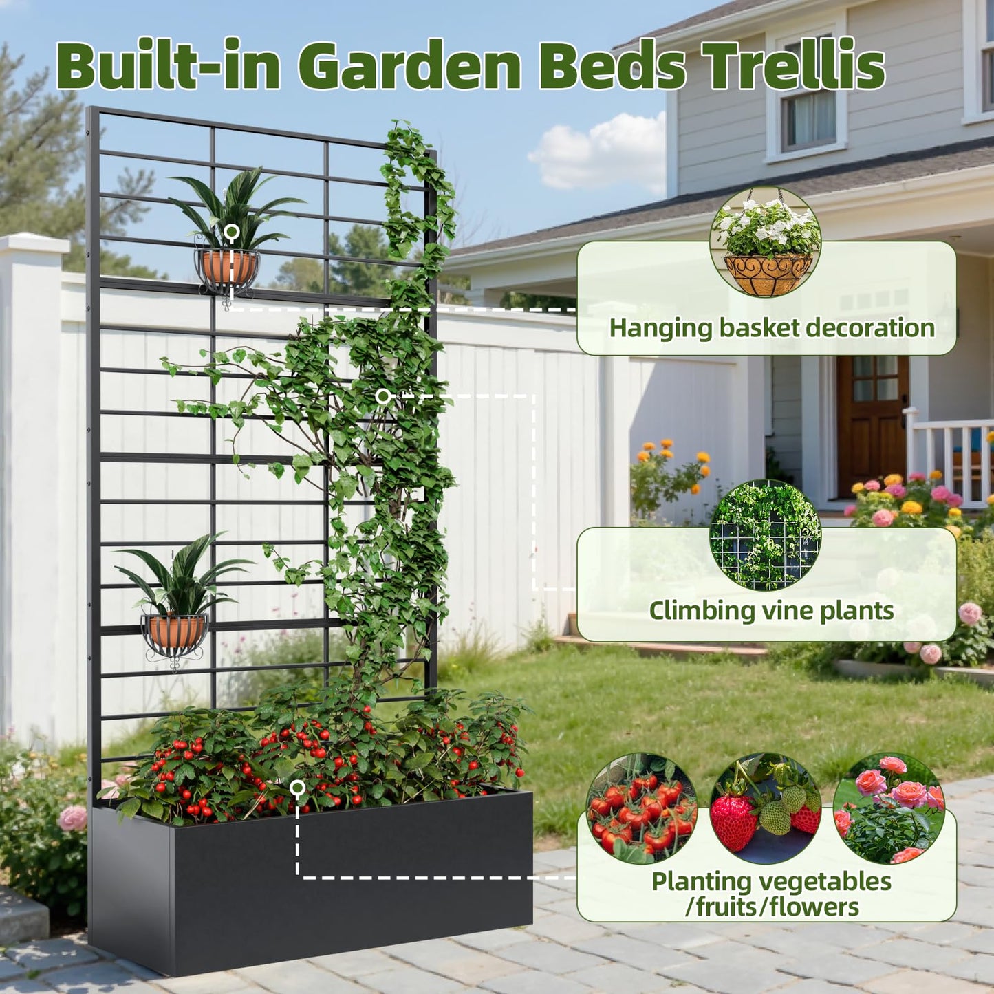 Trygoal Metal Planter Box with Trellis, 35" Lx15.7 Wx70.8 H Metal Raised Garden Bed with Trellis and Drainage Holes, Outdoor Standing Flower Bed for Climbing Plants,Vegetables,Vines, 2PCS
