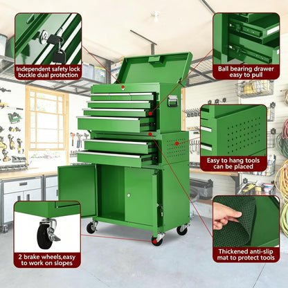 8-Drawer Rolling Tool Chest, 2-in-1 High Capacity Tool Storage with Detachable Top Cabinet, Locking System, Wheels and Liners for Garage, Workshop, Green