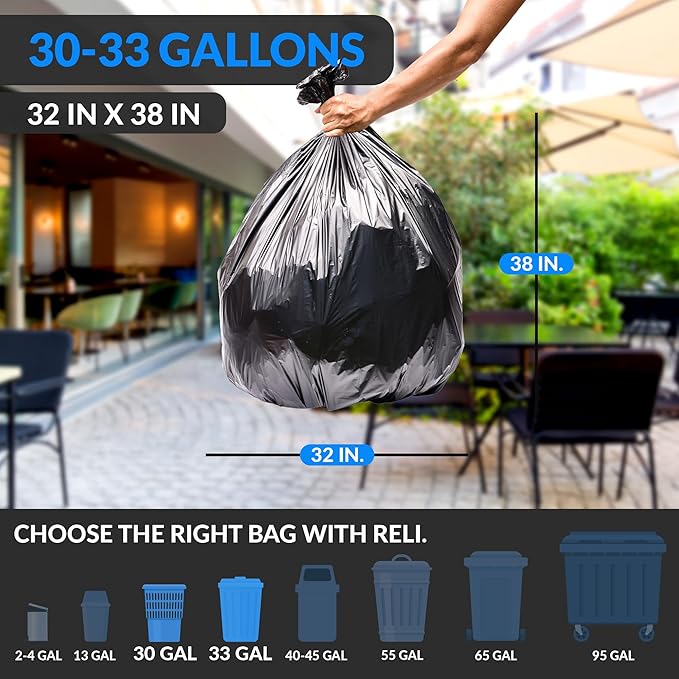 Reli. 30-33 Gallon Trash Bags Heavy Duty | 250 Count Bulk | Black Large Trash