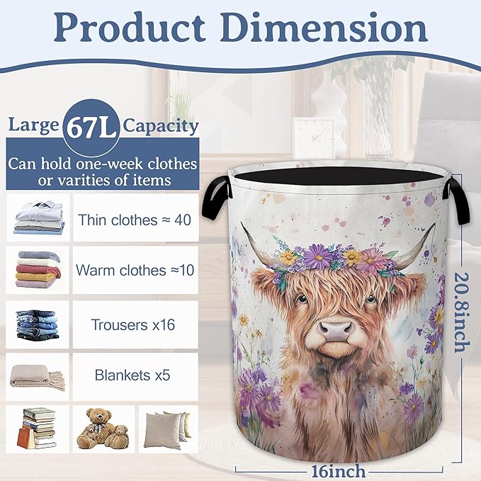 Highland Cow Laundry Basket, Foldable Oxford Cloth Flower Funny Laundry Hamper